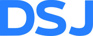 DSJ logo: bold blue letters on a white background