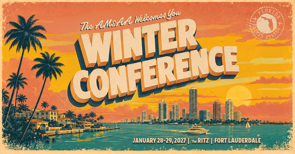 Vintage-style poster announcing 'Winter Conference' in Fort Lauderdale, January 28–29, 2027, with palm trees and skyline art in sunset colors.